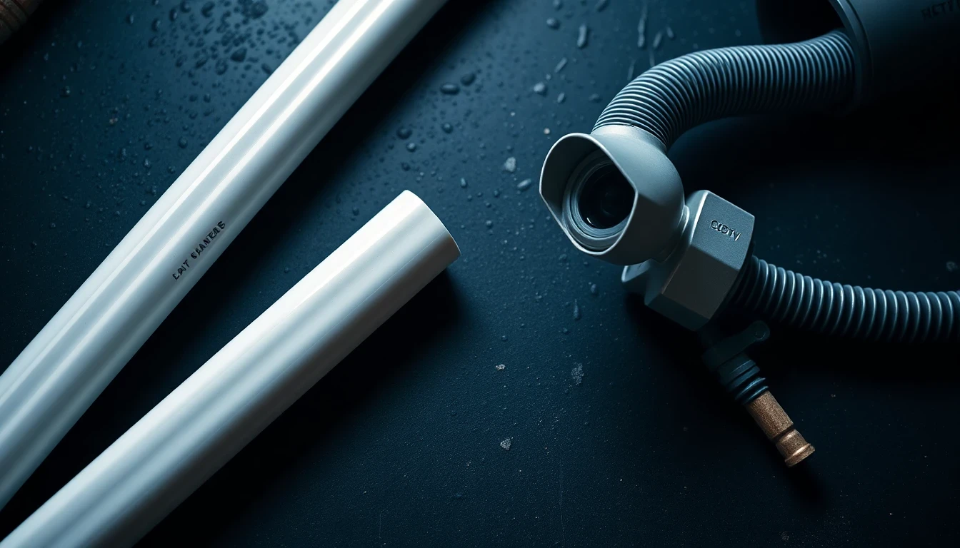 Flat-lay of drain rods, CCTV camera and jetting hose on workshop surface